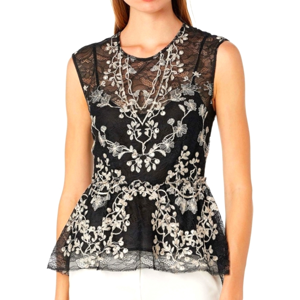 Jaxie woman top peplum embroidered lace, size small, color Black lace